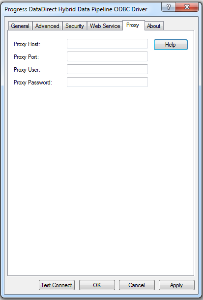 The Proxy tab of the Hybrid Data Pipeline ODBC Driver Setup dialog box