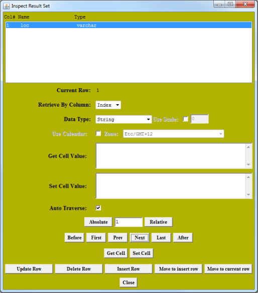 Inspect Result Set window with name and type information