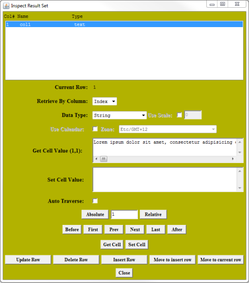 Inspect Result Set window with Get Cell Value information returned