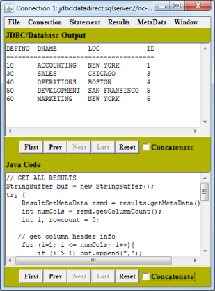 Connection window with table