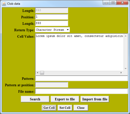 Clob Data window with Cell Value returned