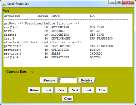 Scroll Result Set window with returned information