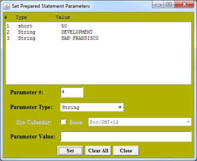 Set Prepared Statement Parameters window with type and value information