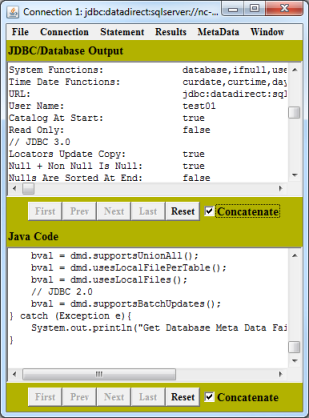 Connection window showing returned meta data