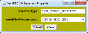 Get JDBC 2.0 Statement Properties window