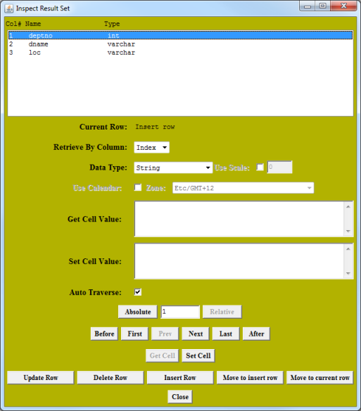 Inspect Result Set window with name and type information