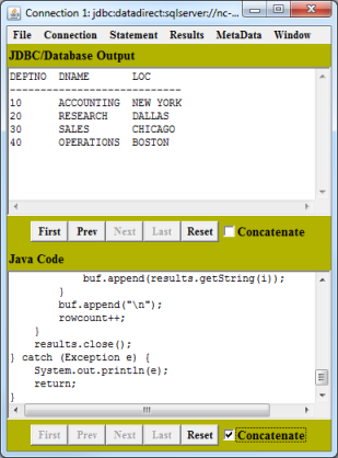 Connection window with table data