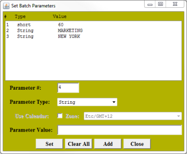 Set Batch Parameters window with type and value information
