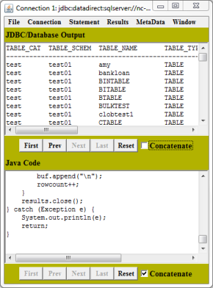 Connection window with schema pattern results