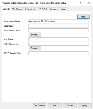 The General tab of the ODBC Autonomous REST Connector Driver Setup dialog box