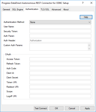 The Authentication tab of the ODBC Autonomous REST Connector Driver Setup dialog box