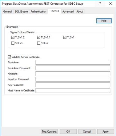 The TLS/SSL tab of the ODBC Autonomous REST Connector Driver Setup dialog box