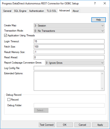 The Advanced Tab of the ODBC Autonomous REST Connector Driver Setup dialog box