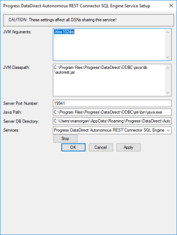 The SQL Engine tab of the ODBC Autonomous REST Connector Driver Setup dialog box