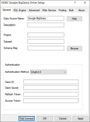 The General tab of the ODBC Google BigQuery Driver Setup dialog box