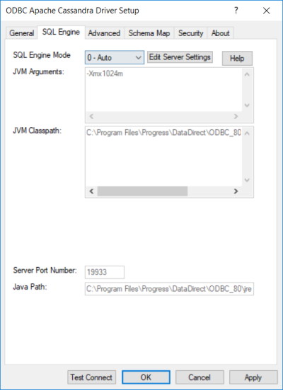 The SQL Engine tab of the ODBC Apache Cassandra Driver Setup dialog box