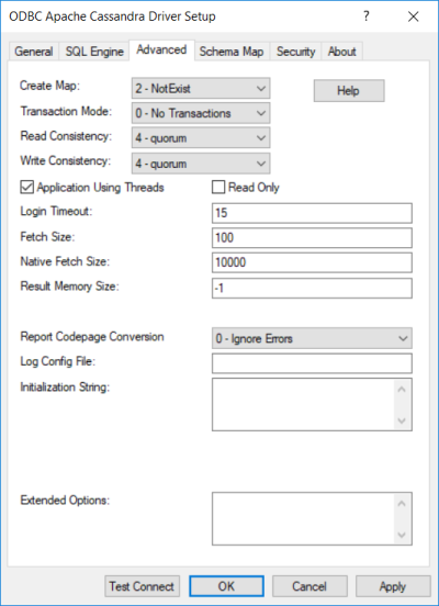 The Advanced Tab of the ODBC Driver for Cassandra Setup dialog box