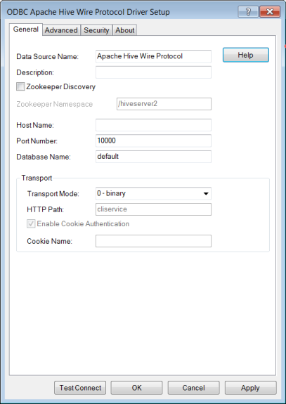 The General tab of the ODBC Apache Hive Wire Protocol Driver Setup dialog box