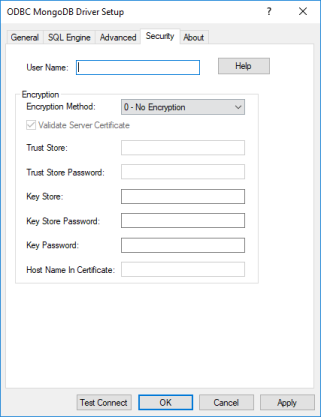 The Security tab of the ODBC MongoDB Driver Setup dialog box