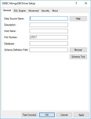 The General tab of the MongoDB driver setup dialog