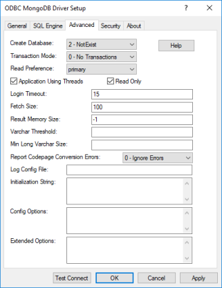Advanced tab of the MongoDB driver