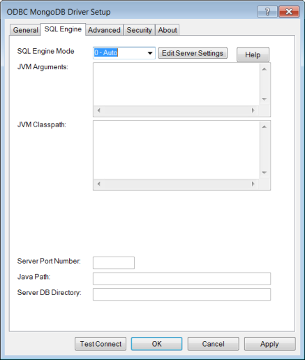 The SQL Engine tab of the ODBC MongoDB Driver Setup dialog box