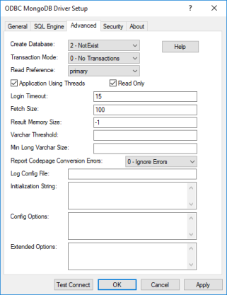 The Advanced Tab of the ODBC MongoDB Driver Setup dialog box