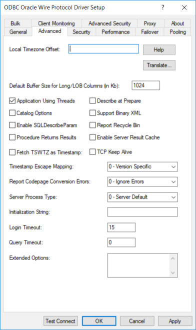 The Advanced Tab of the ODBC Oracle Wire Protocol Driver Setup dialog box