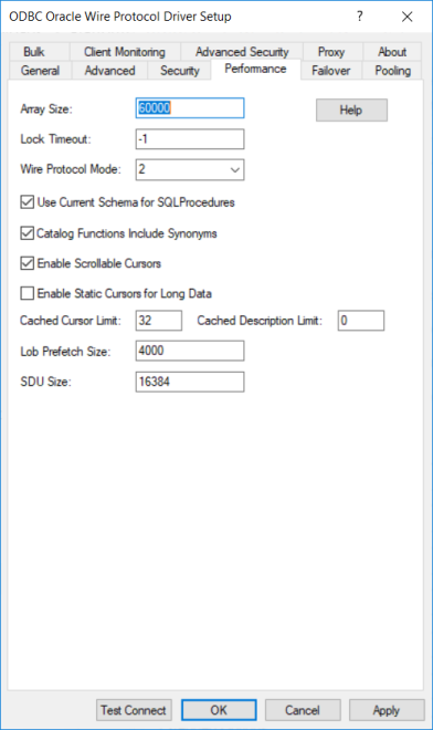 The Performance Tab of the ODBC Oracle Wire Protocol Driver Setup dialog box