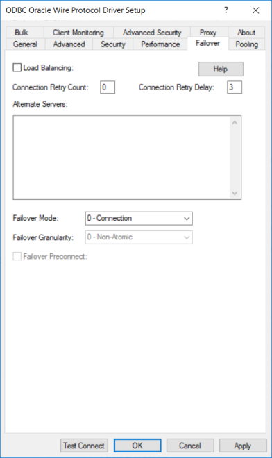 The Failover Tab of the ODBC Oracle Wire Protocol Driver Setup dialog box