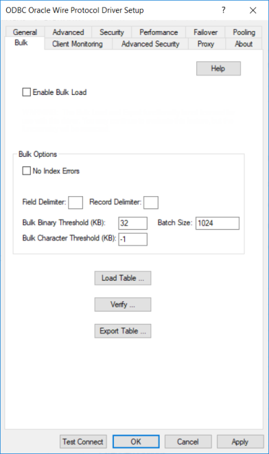 The Bulk Tab of the ODBC Oracle Wire Protocol Driver Setup dialog box