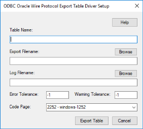 The ODBC Oracle Wire Protocol Export Table Driver Setup dialog box
