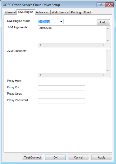 The SQL Engine tab of the ODBC Oracle Service Cloud Driver Setup dialog box