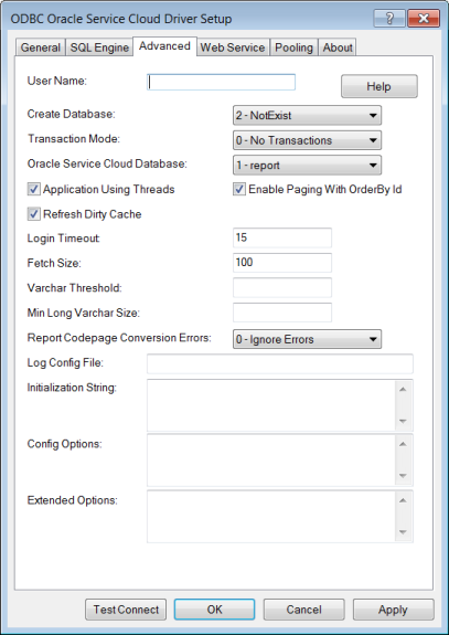 The Advanced Tab of the ODBC Oracle Service Cloud Driver Setup dialog box