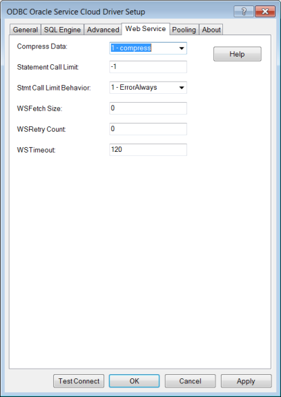 The Web Service Tab of the ODBC Oracle Service Cloud Driver Setup dialog box