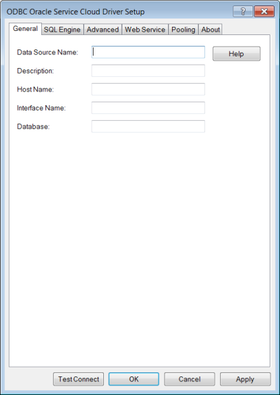 The General tab of the ODBC Oracle Service Cloud Driver Setup dialog box