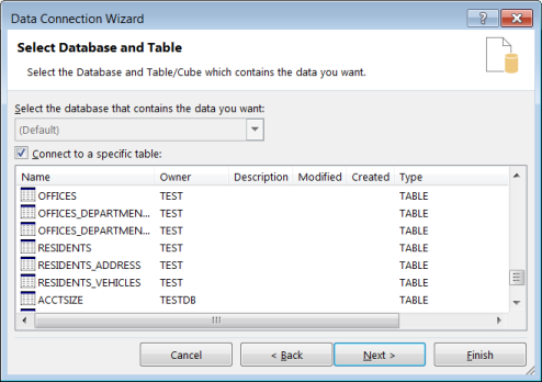 Select Database and Table window