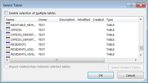 Select Table window