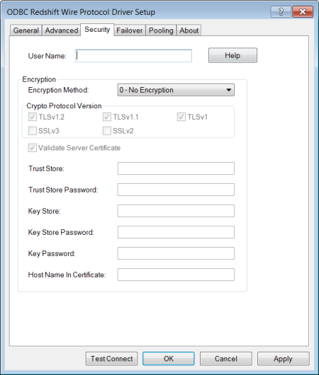 The Security Tab of the ODBC Driver for Redshift Setup dialog box