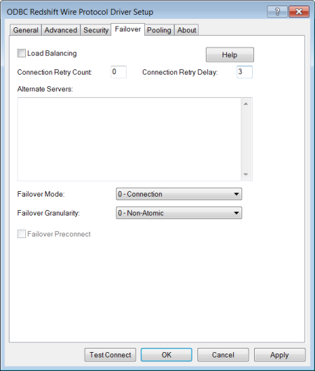 The Failover Tab of the ODBC Driver for Redshift Setup dialog box