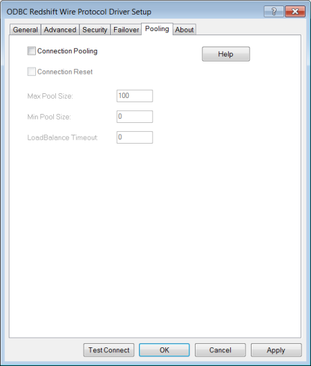 The Pooling Tab of the ODBC Driver for Redshift Setup dialog box