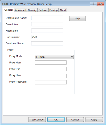 The General tab of the ODBC Redshift Wire Protocol Driver Setup dialog box