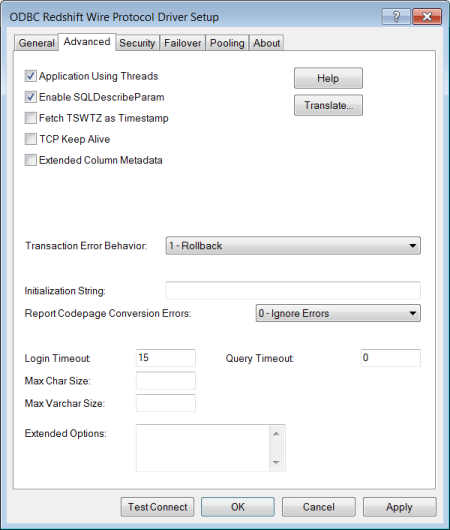 The Advanced Tab of the ODBC Driver for Redshift Setup dialog box