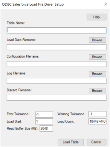 The Load File Driver Setup of the ODBC Salesforce Driver Setup dialog box