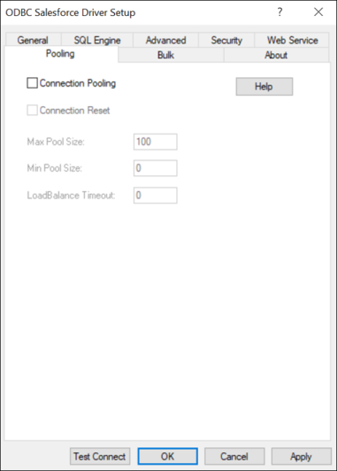 The Pooling tab of the ODBC Salesforce Driver Setup dialog box