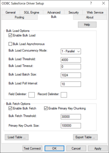 The Bulk tab of the ODBC Salesforce Driver Setup dialog box