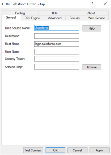 The General tab of the ODBC Salesforce Driver Setup dialog box