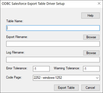 The Export Table Driver Setup of the ODBC Salesforce Driver Setup dialog box