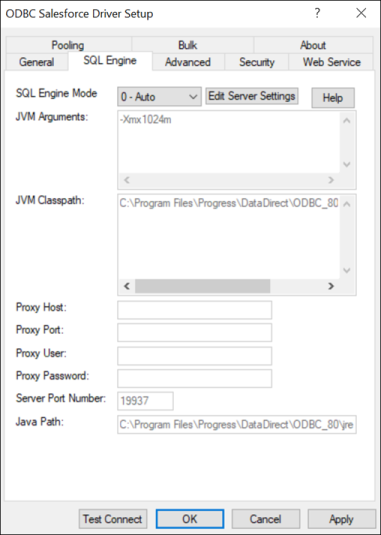The SQL Engine tab of the ODBC Salesforce Driver Setup dialog box