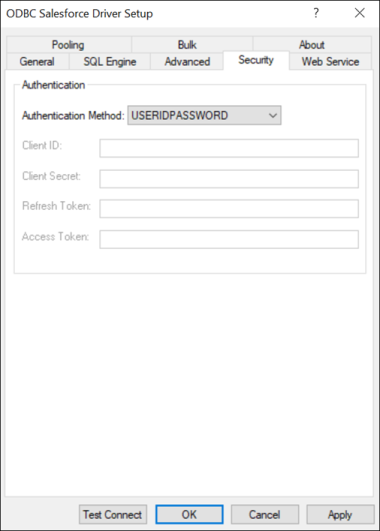 The Security Tab of the ODBC Salesforce Driver Setup dialog box